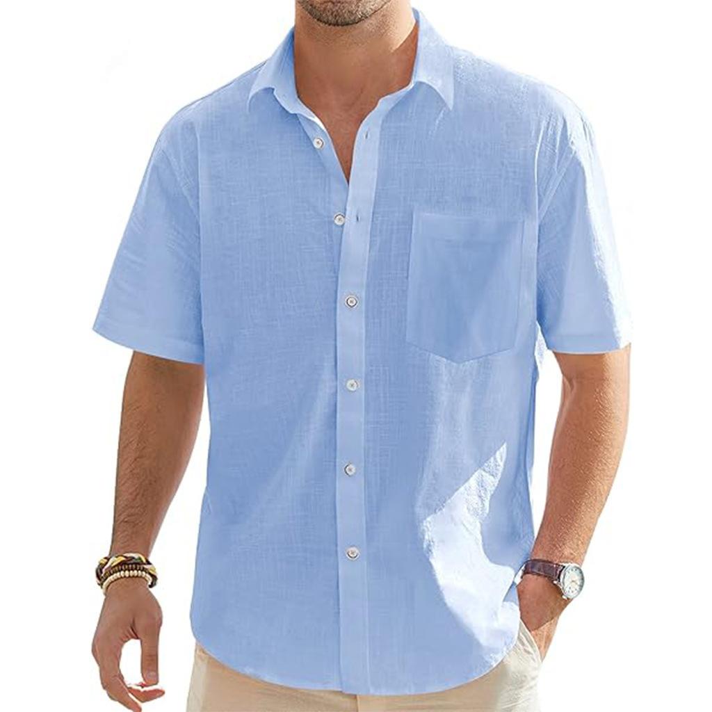 

Thin cotton and linen shirts men s summer teenagers solid color casual simple retro lapel short-sleeved slim-fit shirt wholesale 5XL небо синє кольору