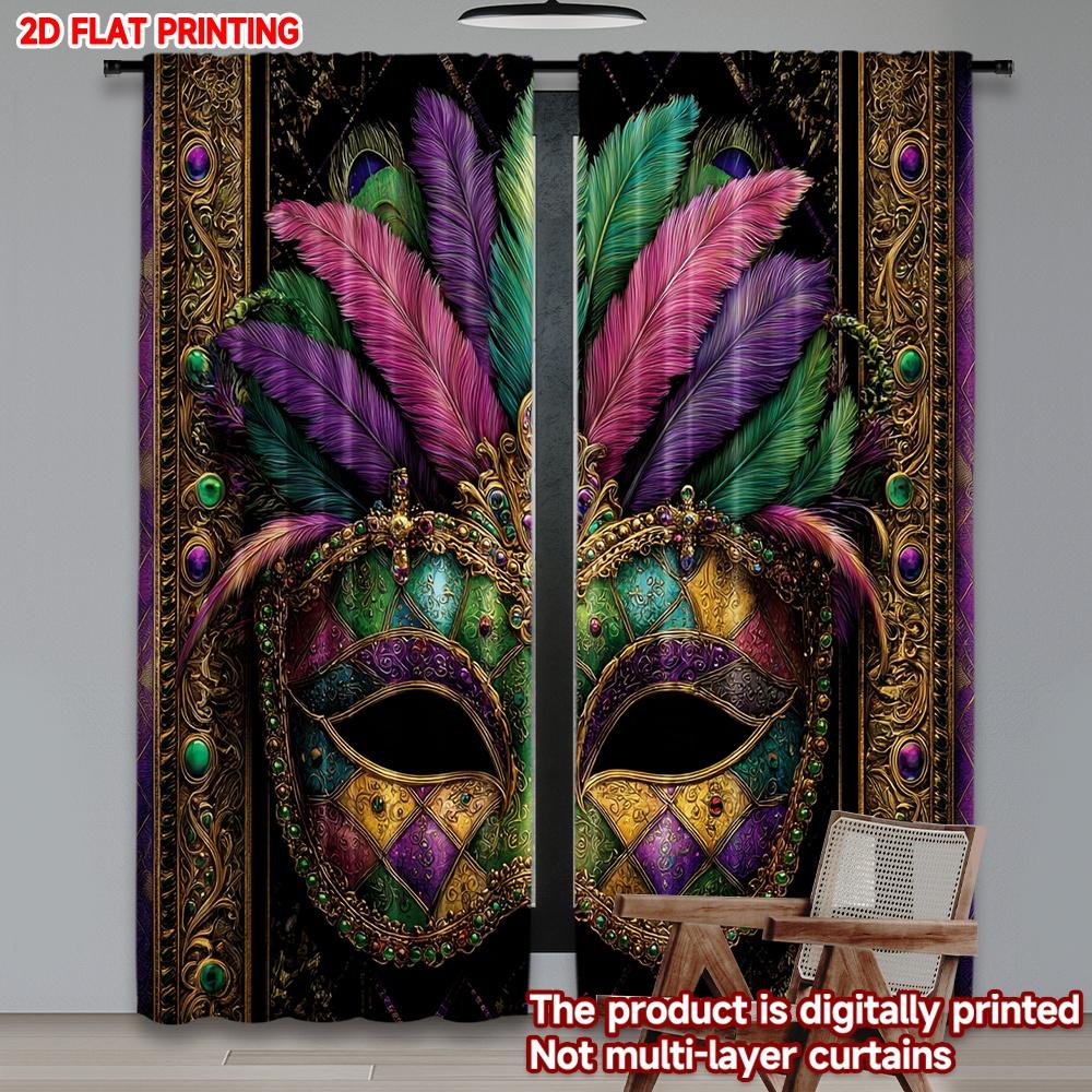 2D Flat Printing 2pcs Curtain Scene Curtains Mardi Gras Feathered Mask Digital Printed Polyester Drapes Party Decorations