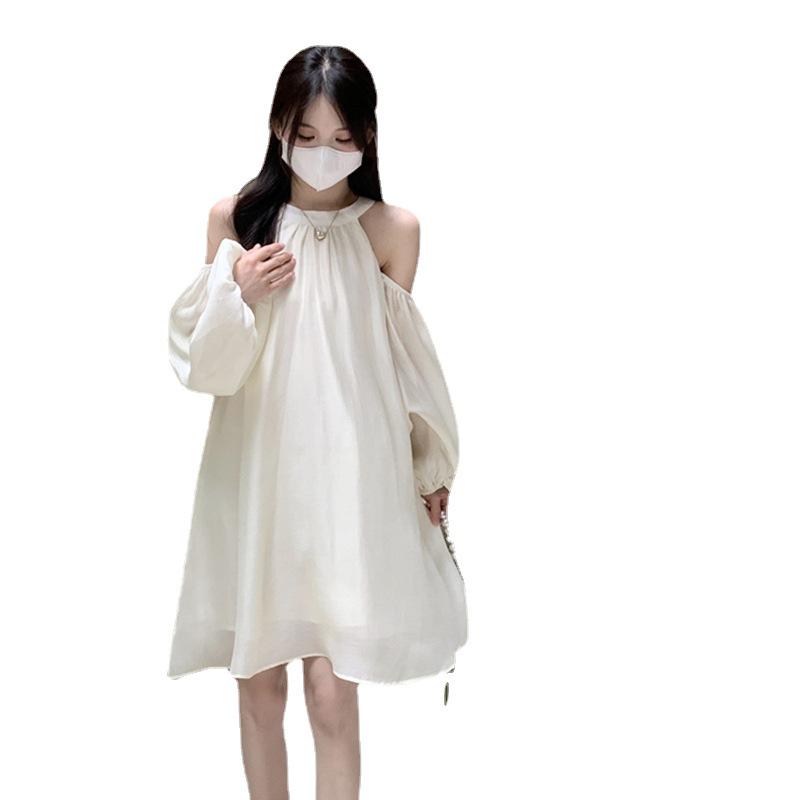 Women's Off-Shoulder Halter Neck White A-Line Dress - Autumn 2025 Fashion