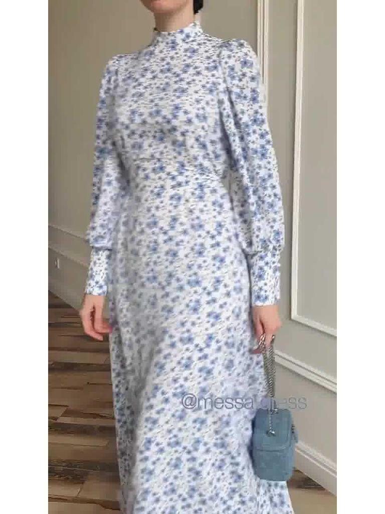 2025 Spring Loose Tie Floral Satin Long Sleeve Dress