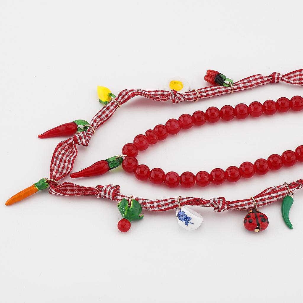 Sweet Fresh Chili Beaded Layered Necklace Handmade Oil Dropped Insect Vegetable Pendant Clavicle Chain Trendy Women Jewelry