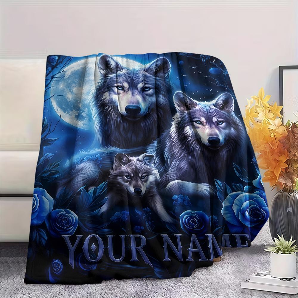 1 Stück Benutzerdefinierter Name Wolfsfamilie Mondnacht Gemustert Flanelldecke Geeignet für Alle Jahreszeiten für Heimdekoration Wärme und Komfort Geschenke Feiertagsgeschenk_lx