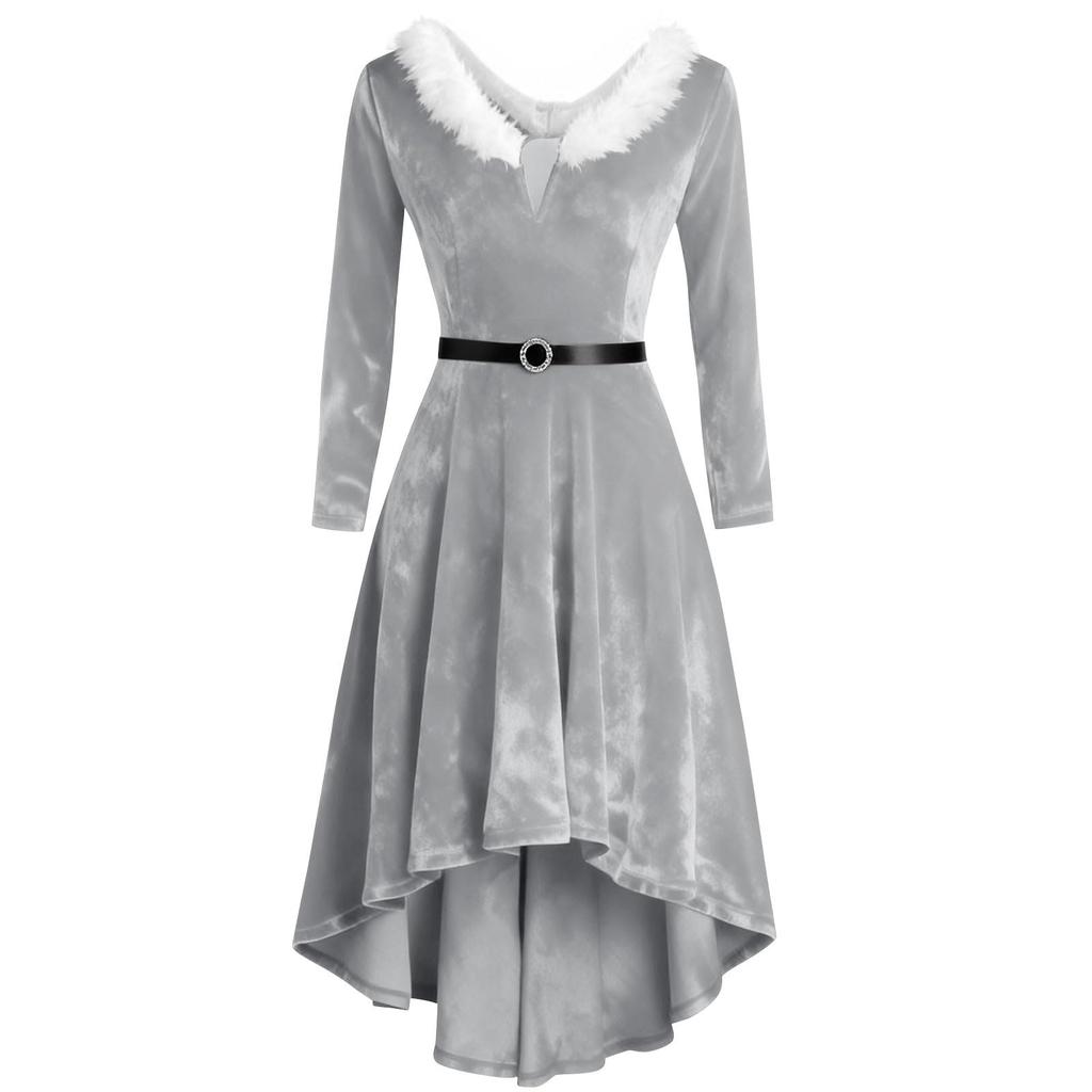 Damen Samtkleid Langarm Abendkleid mit asymmetrischem Saum einfarbiges Kleid