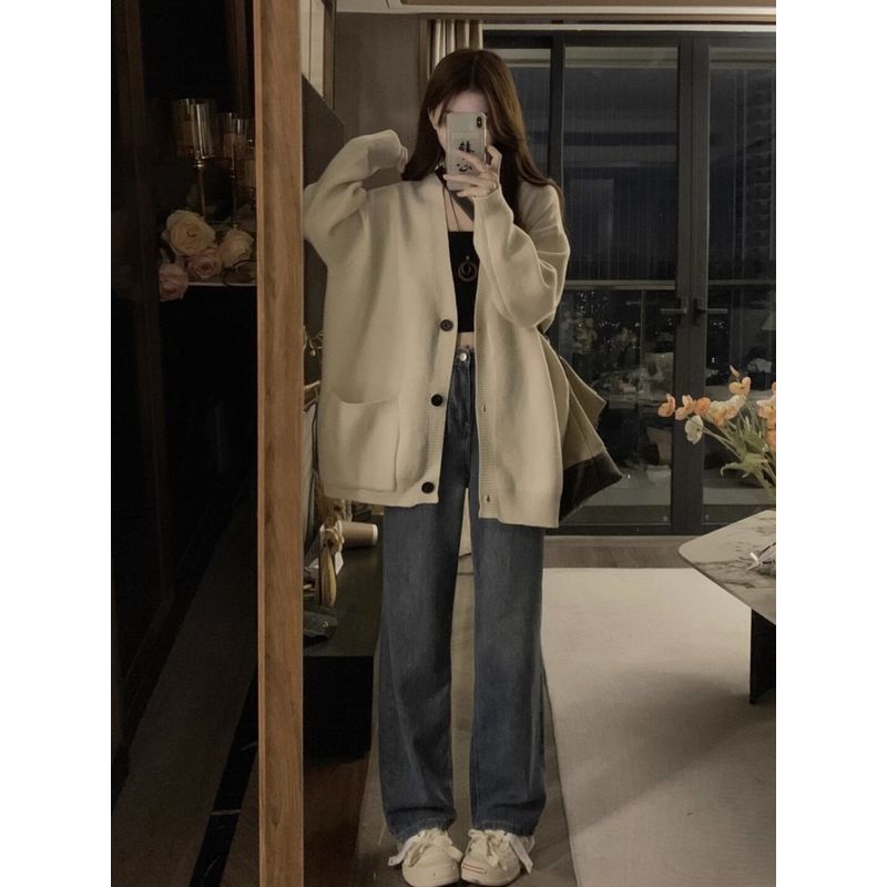 

Ленивая Осень 2024 Свободный Кардиган Однотонный Верхняя Одежда Beige White XL
