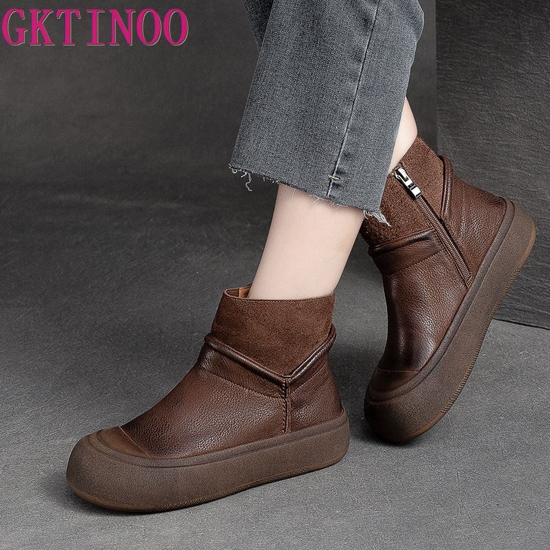 Fashion GKTINOO Winter Genuine Leather Ankle Boots Round Toe 2025 Handmade Lady Soft Flat Shoes Comfortable Side Zip Ankle Boots Size 40