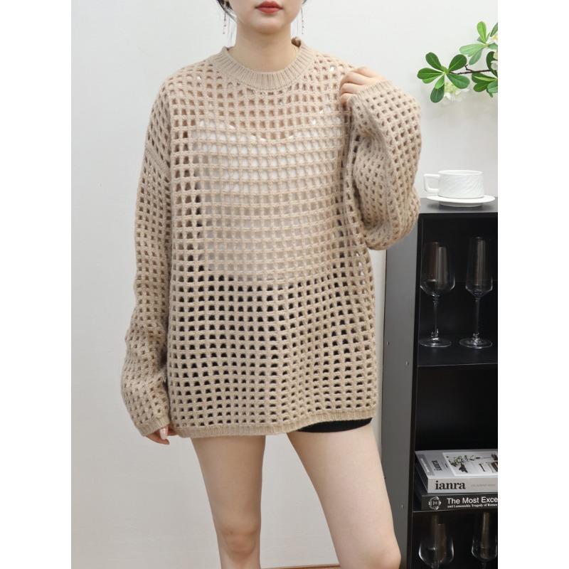 Hollow Thin Knitted Sweater Top Early Autumn New Loose and Thin Lazy Wind Sweater Pullover Woman