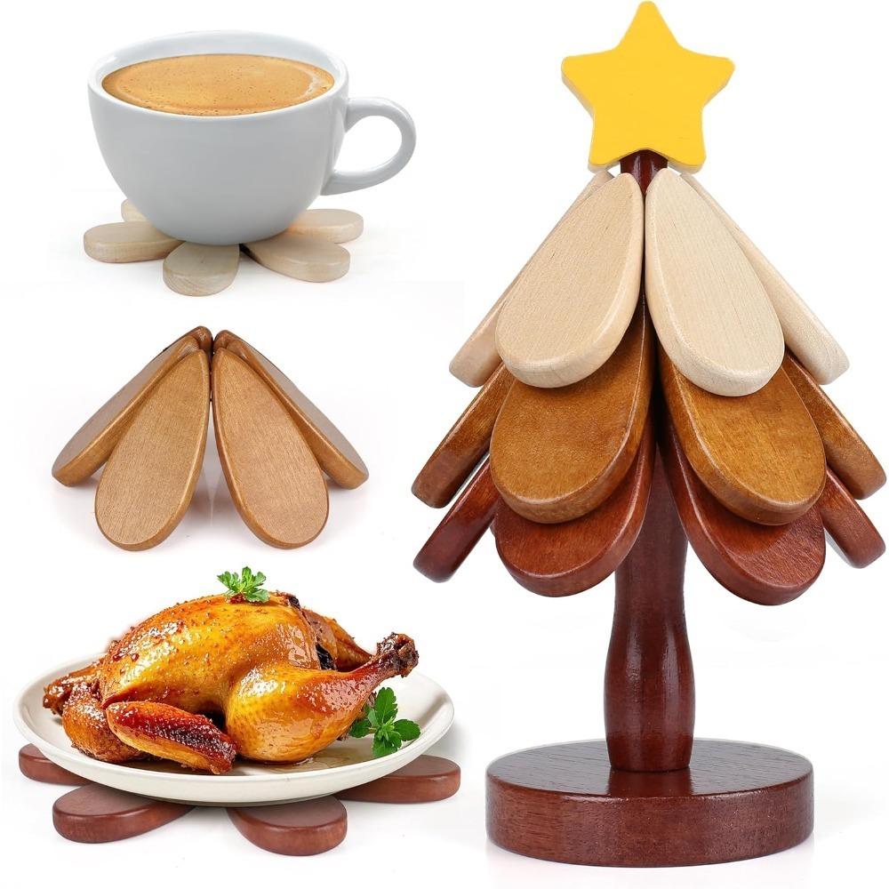 1Set Christmas Tree Shaped Insulation Mat Wood Dining Table Anti Scalding Mat Creative Home Decor Tea Cup Heat Insulated Mat Set