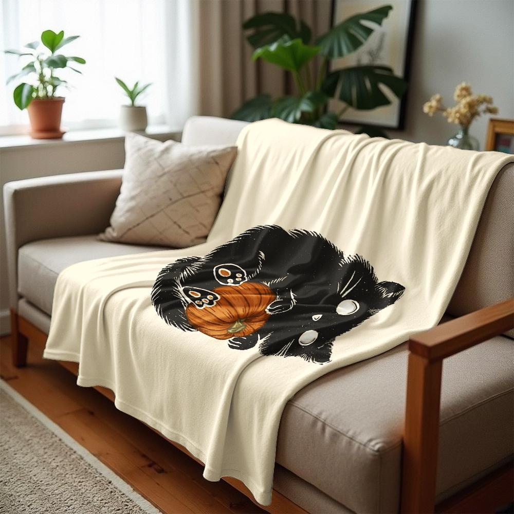 Pumpkin Black Kitten Soft Flannel Blanket Breathable Warm Throw for Office Car Sofa Kids Room Birthday Xmas Gift