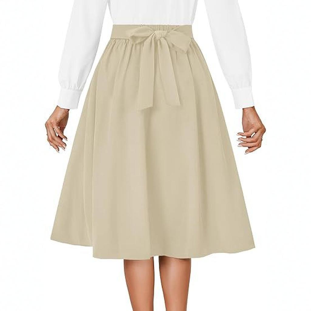 Damska Spódnica Midi Retro z Wysokim Stanem, Plisowana z Tyłu na Sznurki, Rozkloszowana o Kroju A