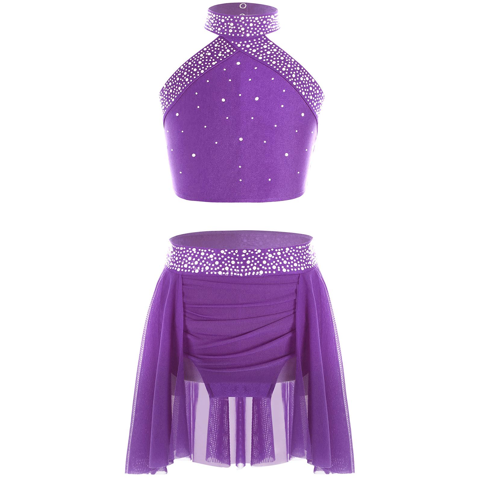 

Girls Sparkly Rhinestones Dance Outfit Halter Neck Sleeveless Backless Cross Back Vest & Ruched Skirt 9-10 Years фіолетовий