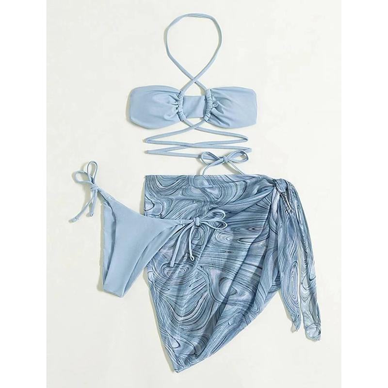 

Новый Сексуальный Купальник Бикини Халтер Стринги 3 Предмета Однотонный Набор Бикини С Юбкой С Принтом Женский Купальник На Бандаже L зелёный