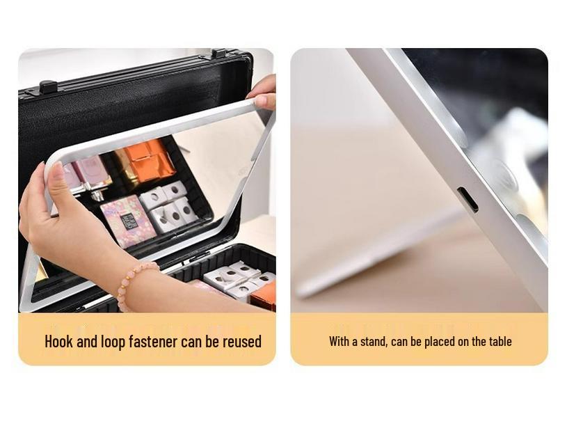 Portable Makeup Case with Mirror & Lights, Handheld Cosmetic Storage, Professional Makeup Artist's Hanging Suitcase.