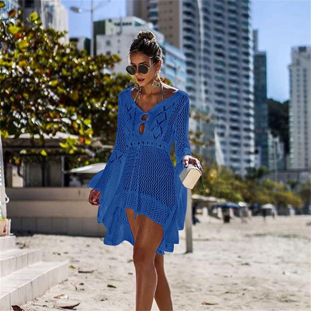 2025 New Beach Cover Up Bikini Crochet Knitted Tassel Tie Beachwear Summer Swimsuit Cover Up Sexy See-through Beach Dress