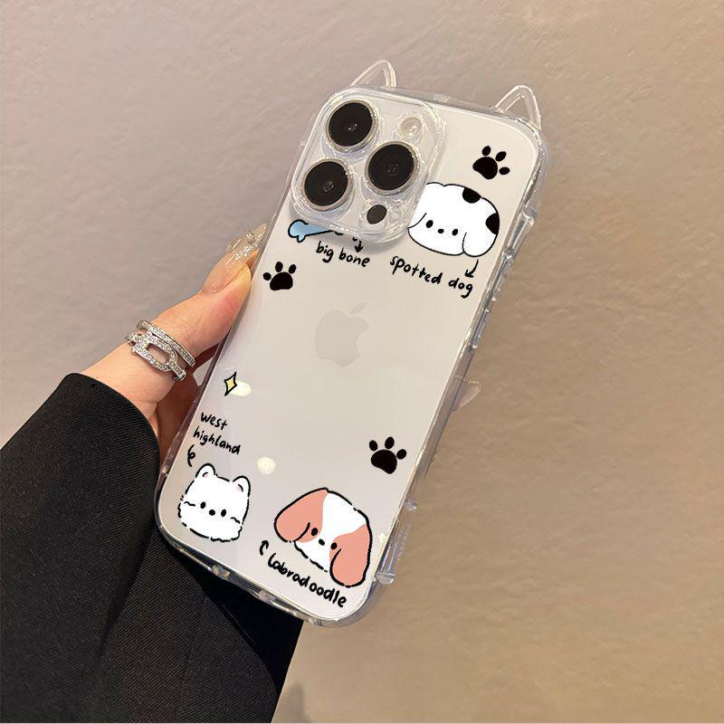Line Bones Dog Apple Phone Case: Transparent Cat Ears, Precise Cutouts for iPhone 13, 14, 15 Pro/Pro Max