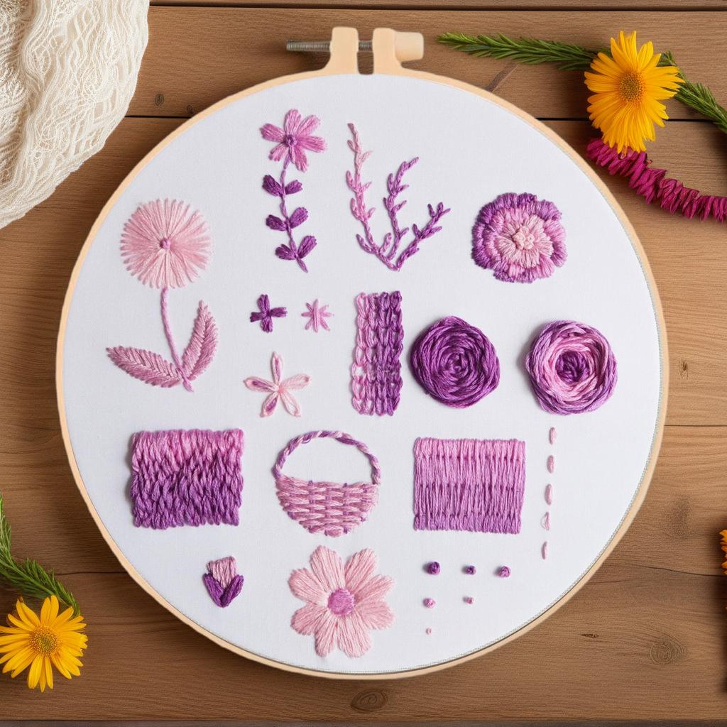 1 sada Vyšívání DIY Sada pro začátečníky: Fialový květinový vzorový materiál vhodný pro začátečníky. Vyšívací látka Materiálová sada