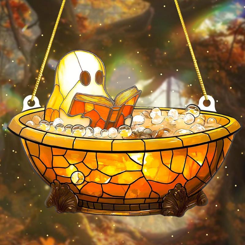 Halloween Ghost Reading Book Suncatcher Hanging Decor Acrylic Window Decor Colorful Shadow Home Decorations