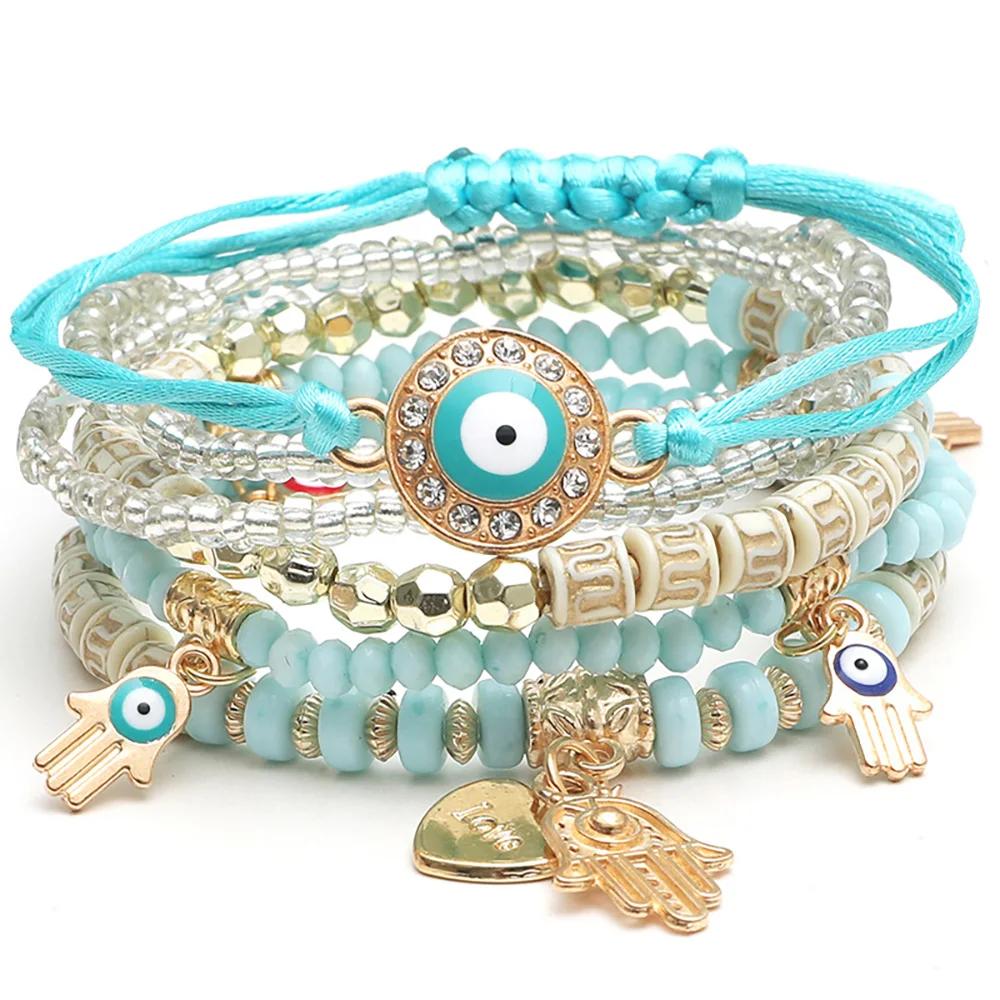 Bohemian Handmade Bracelet Set For Women Fatima Hand Evil Eye Heart Charm Adjustable Rope Chain Bangle Men Daily Wear Jewelry