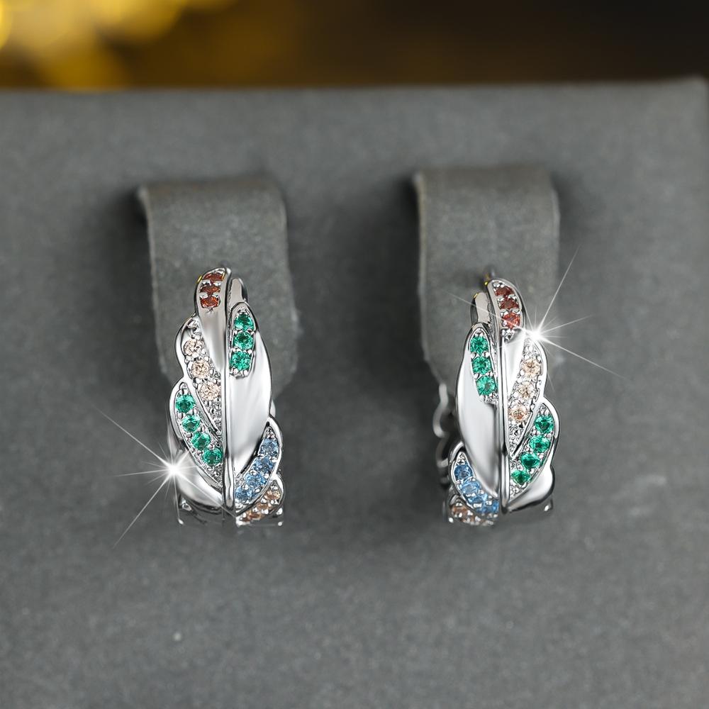 Fashion Rainbow Zircon Leaf Hoop Earrings for Women Silver Color Circle Earrings Trending Wedding Party Jewelry