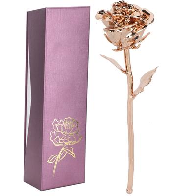 Cadeaux Rose Tige Longue Trempée Or 24K Vraie Fleur Artificielle avec Feuille Collection Artisanale Or Rose