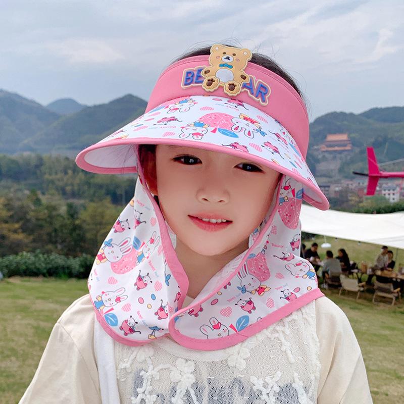 1141 Children's Hat Summer Big Brim Sun Protection Visor Cartoon Cute Boys and Girls with Shawl Empty Top Hat
