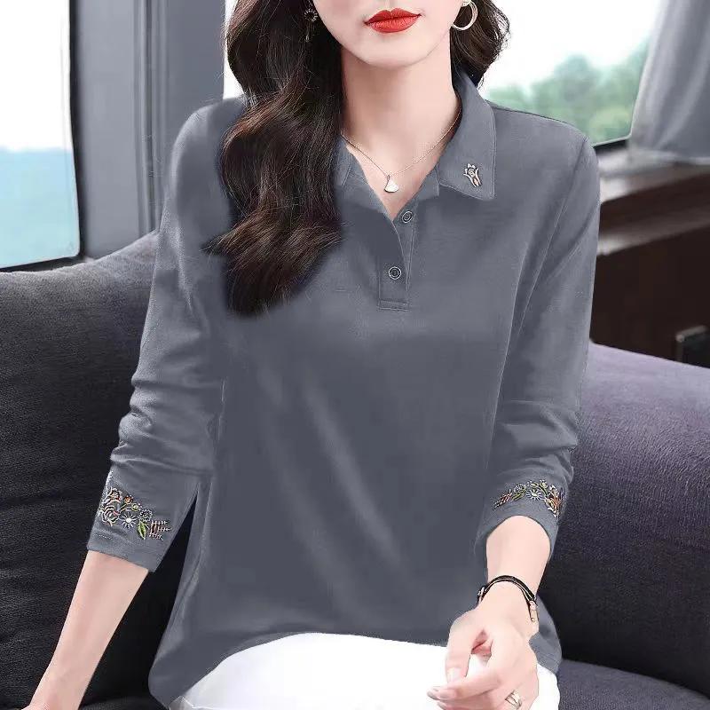 Spring Autumn Women's Vintage Embroidery Polo Collar Elegant T-shirts Casual Long Sleeve Loose Tops