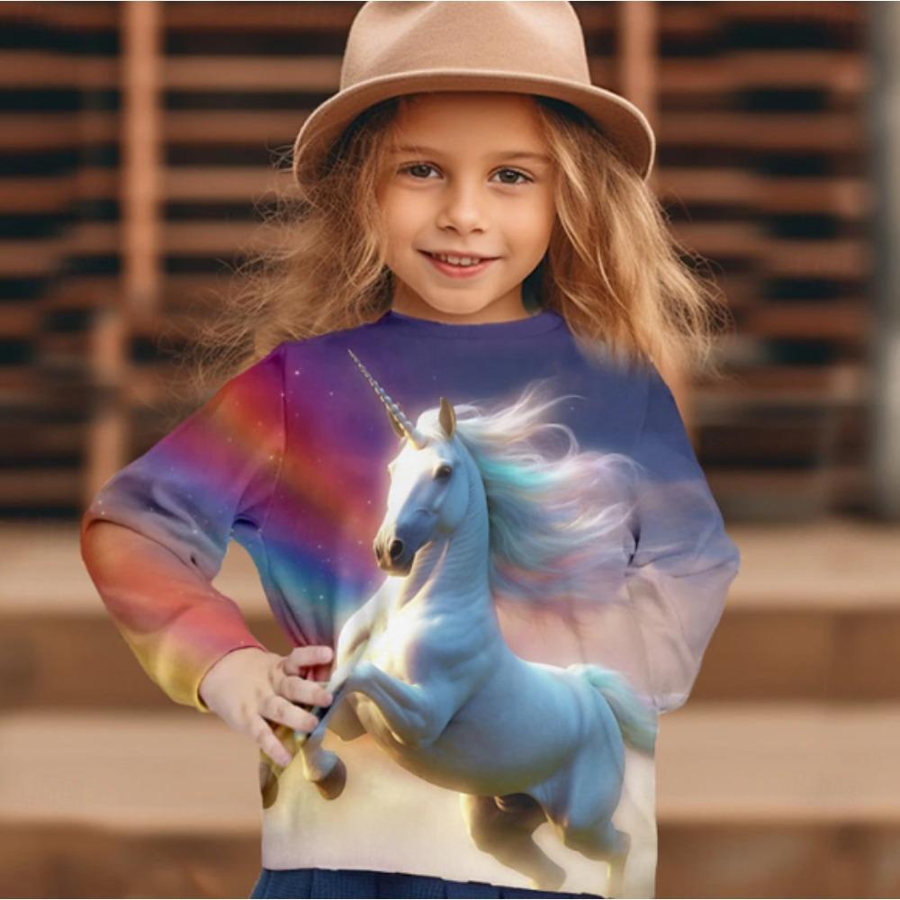 Kids Crew Neck Long Sleeve T‑Shirt, Sweet Unicorn 3D Print Casual Loose Halloween Party Daily Wear Tops for Children