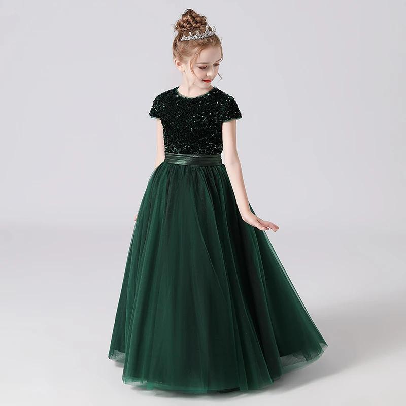 Princess Dress for Children Sparkly Sequin Short Sleeve Flower Girl Dress Tulle Kid Birthday Party Pageant Prom Gown Junior Bridesmaid