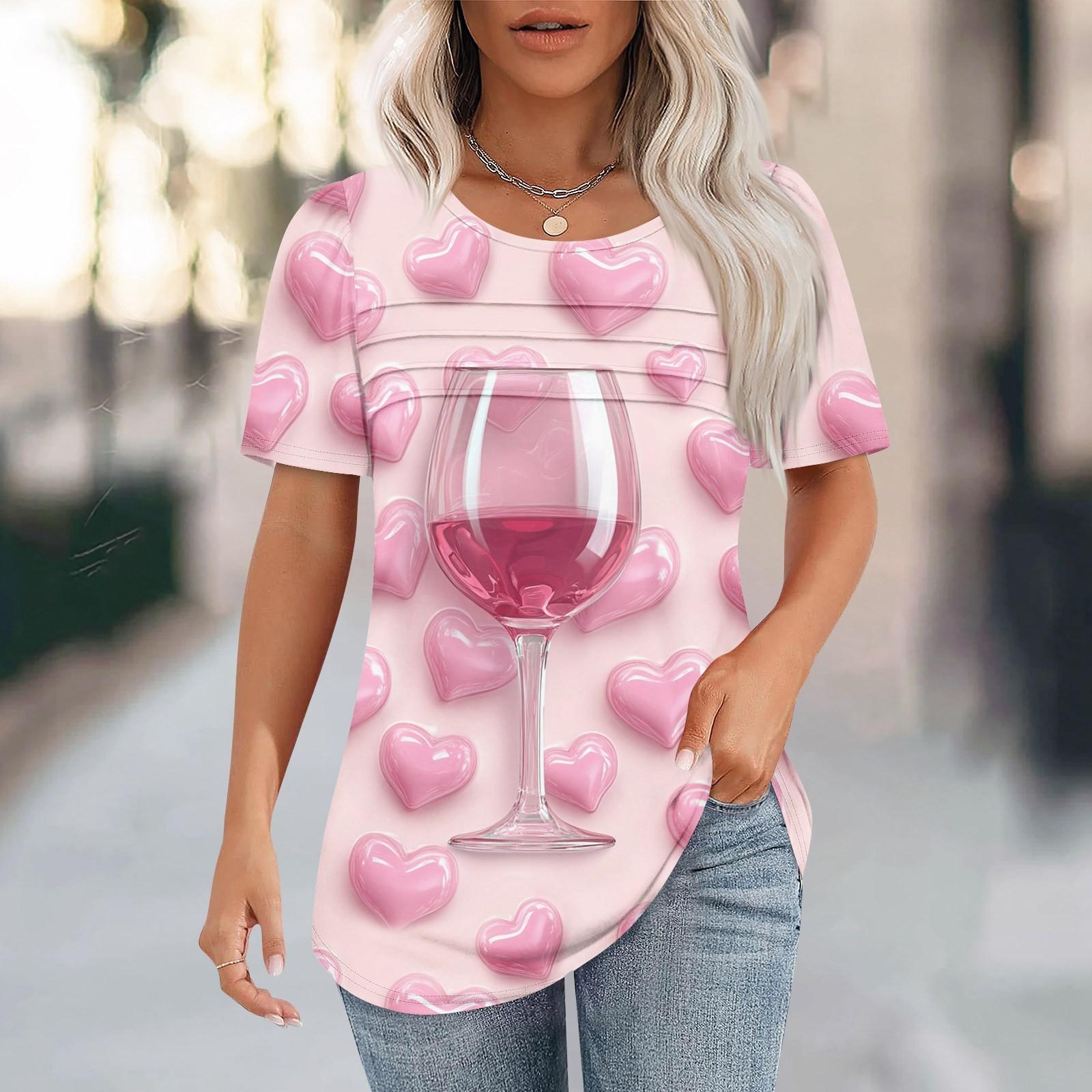 

Женский топ с короткими рукавами и круглым вырезом, с принтом в виде сердечек ко Дню святого Валентина, плиссированный XL арбуз красный