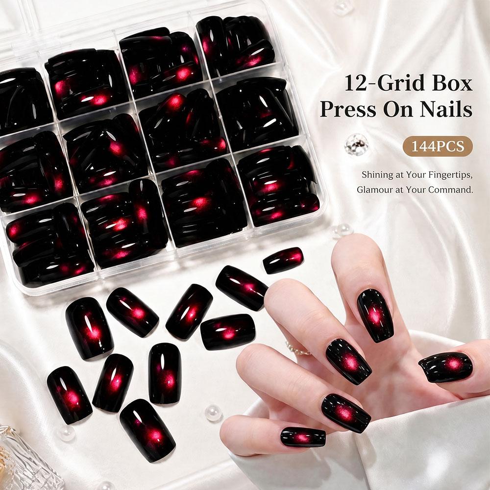 144pcs Peacock Green Cat Eye Press On Nails Glossy Medium Square Cat Eye False Nails Full Cover Acrylic Green Cat Eye Fake Nails