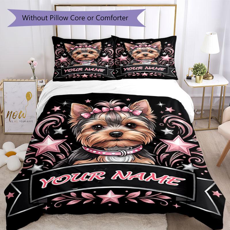 3pcs Custom Name Yorkie Star Bedding Set Printed Bedding Set Duvet Cover Closure Includes 1 Duvet Cover & 2 Pillowcases Bedroom Decor