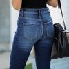 Women High Waisted Skinny Hole Denim Button Stretch Slim Pants Calf Length Jeans