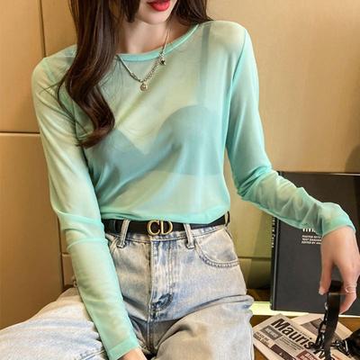 Διχτυωτό κόκκινο διαφανές γυναικείο μπλουζάκι άνοιξη/καλοκαίρι με λεπτή εφαρμογή μονόχρωμο διχτυωτό μακρυμάνικο ευέλικτο ελαφρύ και αναπνεύσιμο πουκάμισο υπόστρωμα