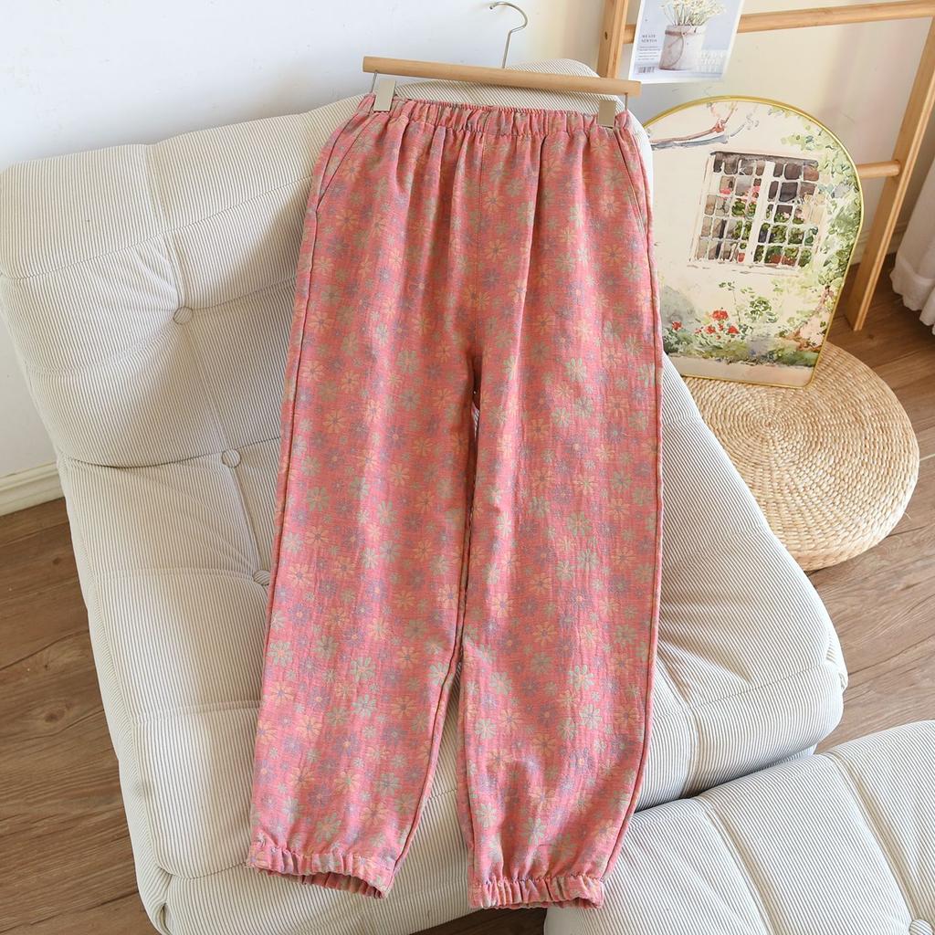 2026 New Spring/Summer Women's Sleeper Pants 100% Cotton Gauze Jacquard Retro Color Knitted Pants Loose Closure Home Pants