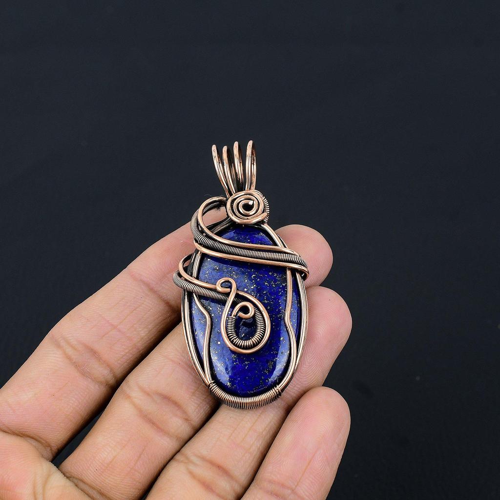 Lapis Lazuli Pendant Handmade Gemstone Jewelry, 999 Copper Wire Wrapped Pendant ,Unique Design Jewelry Pendant
