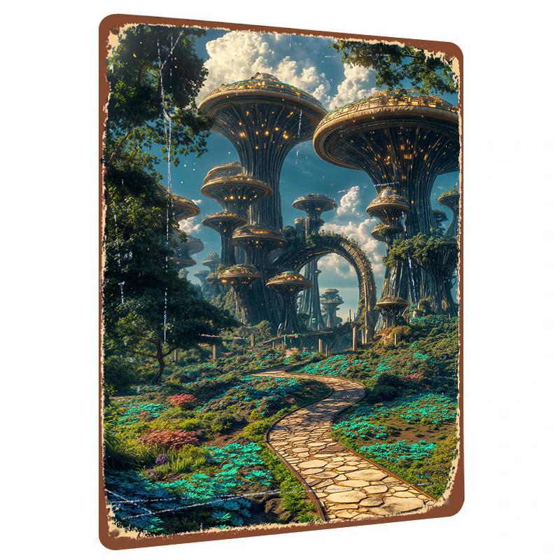 Future City Treehouse Metal Wall Art Sci Fi Decorative Painting Modern 20x30cm(7.8x11.8inch)