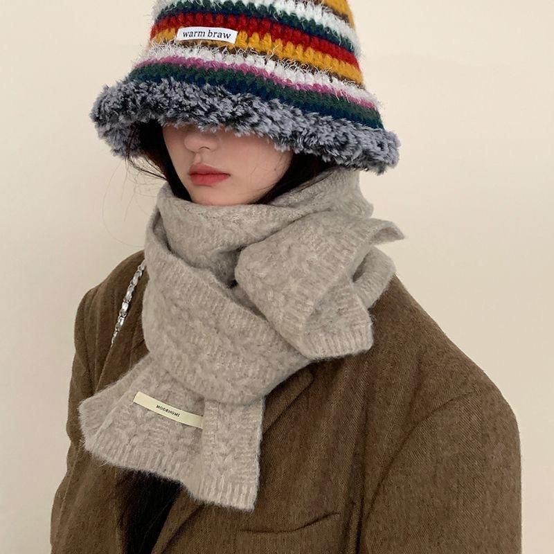 Autumn/winter knitted wool scarf for women, avocado green, Korean style, versatile warm, thickened solid color student neck warmer