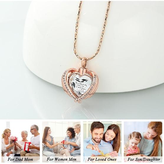 Imrsanl Angel Wing Heart Urn Pendant Necklaces for Women Girls Crystal Birthstone Cremation Jewelry Urns for Human Ashes Memorial Locket Keepsake