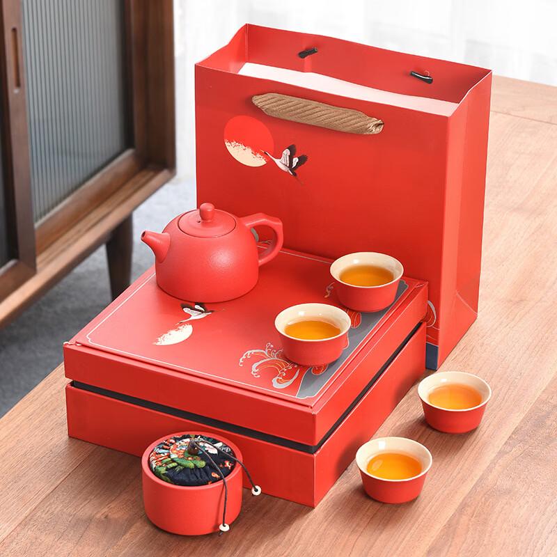 National Tide Style Tea Set with Pot, Four Cups, and Tea Caddy