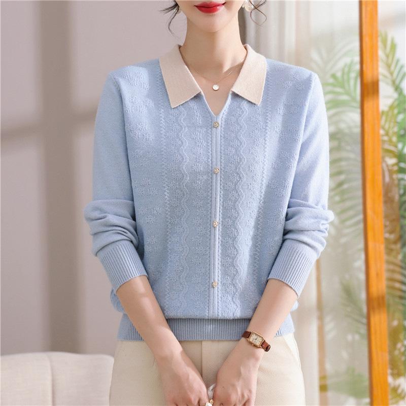 

Stylish Knitted Pullover: Long-Sleeved Sweater for Middle-Aged and Elderly Women 3XL (130-140 jin) синий
