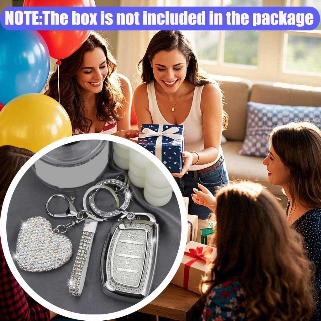 Key Fob Cover with Diamond Keychain Car Key Holder Case Compatible with Smart Remote Key Protector for Women, 4 Buttons (Silver-Heart)
