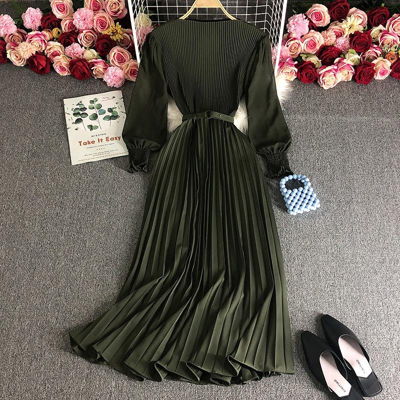 Spring Autumn Women Elegant Long Sleeve A-line Dress Office Lady High Waist Solid Pleated Dress