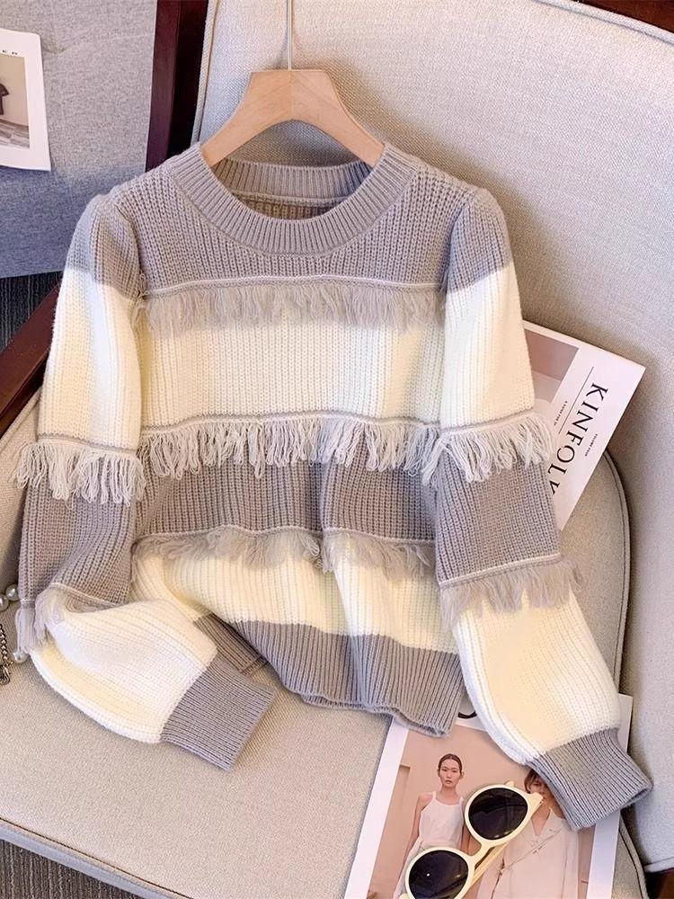 Lazy Wind Tassel Sweater Women's Striped Knitted Base Shirt with Loose and Thick Top