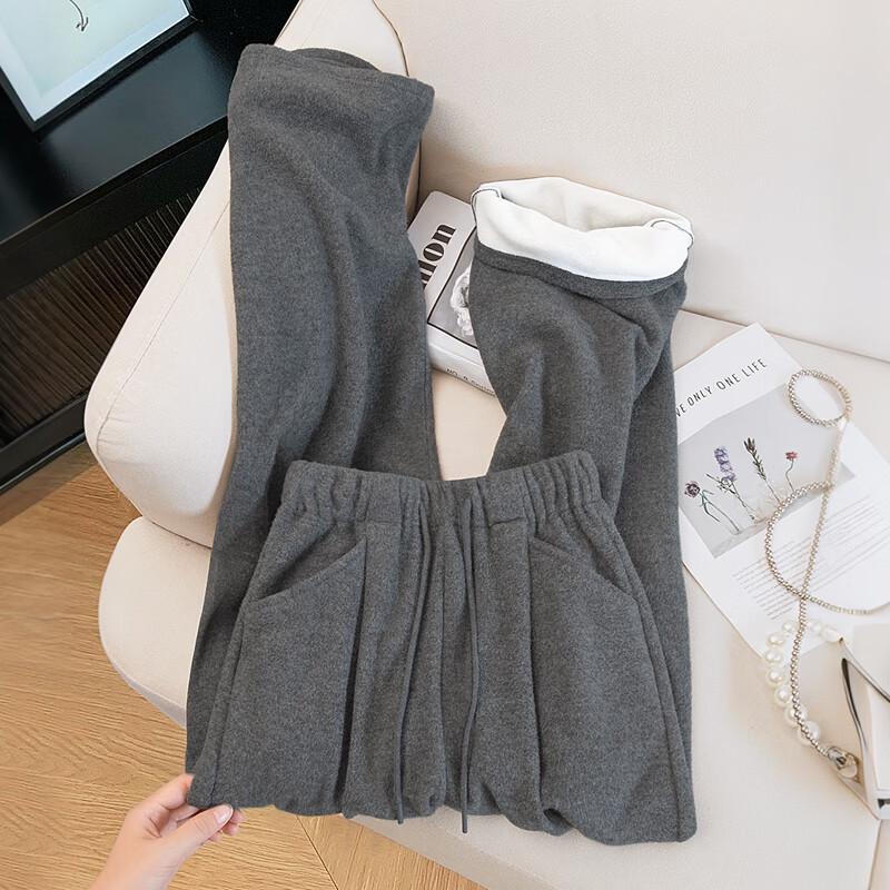 SIBASHE Women's High Waist Drawstring Fleece-Lined Wide-Leg Pants