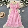 Rochie de vară elegantă, brodată cu dantelă florală solubilă în apă, cu model de flori solide, pentru femei, stil prințesă, cu fundă și mărgele, mulată, de petrecere