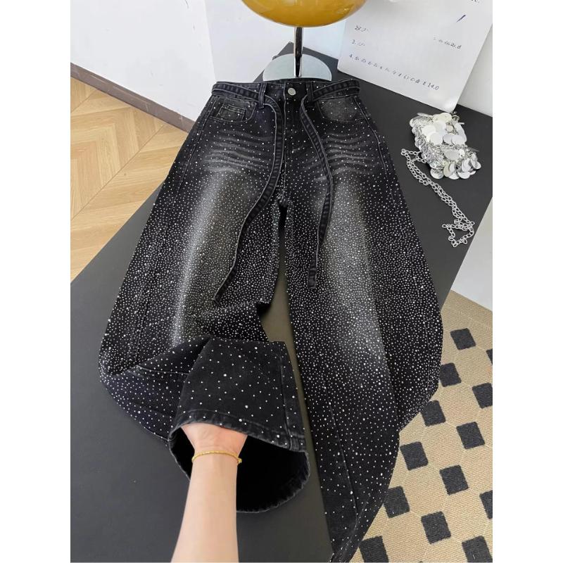 Glittering Rhinestone Denim Pants Women's Jeans Wide Leg Design Sensation Floor-Length Pants Loose Jeans