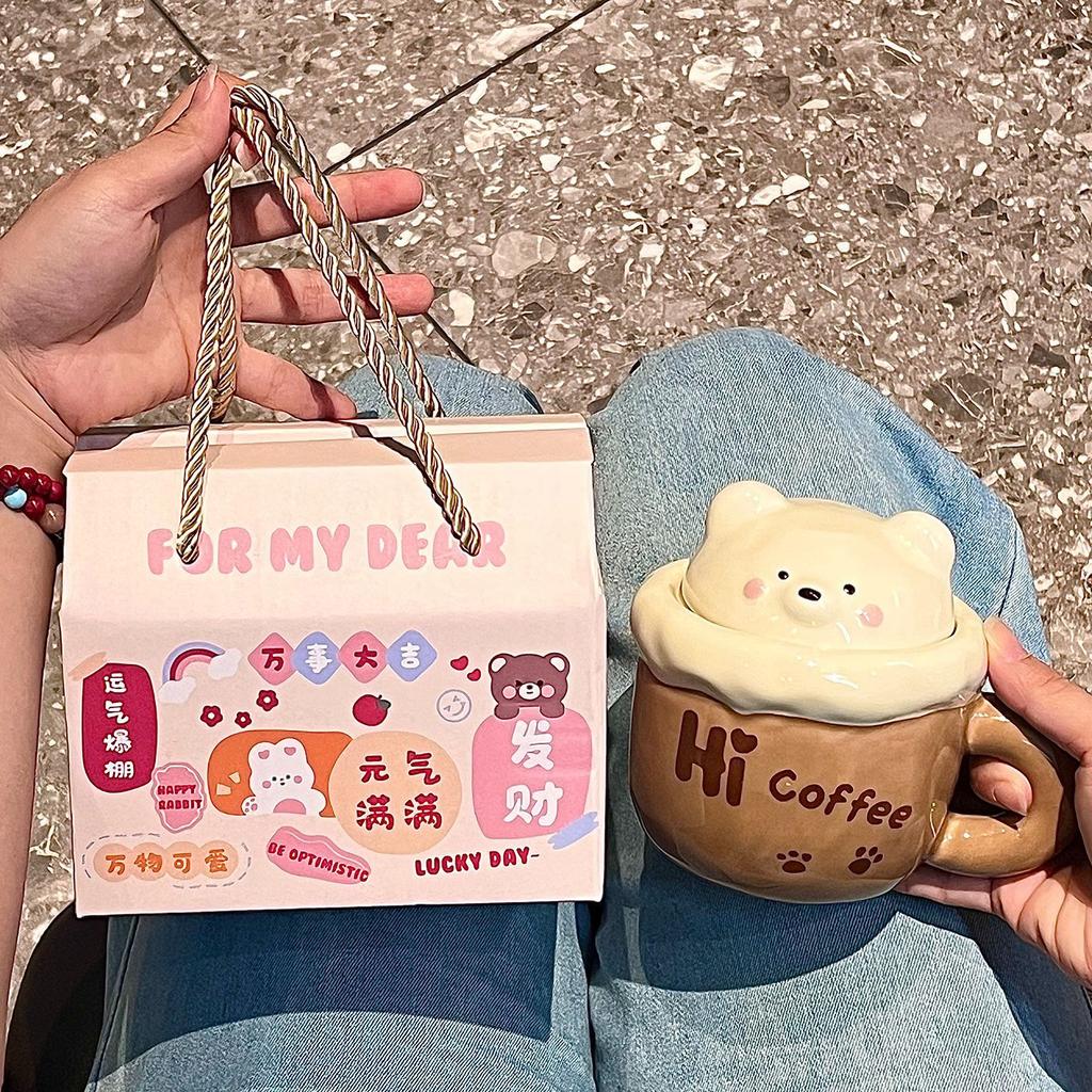 High-value Bear Mug with Lid Spoon, Cute Ceramic Water Cup for Girls' Birthday Gift, Cup Companion Gift