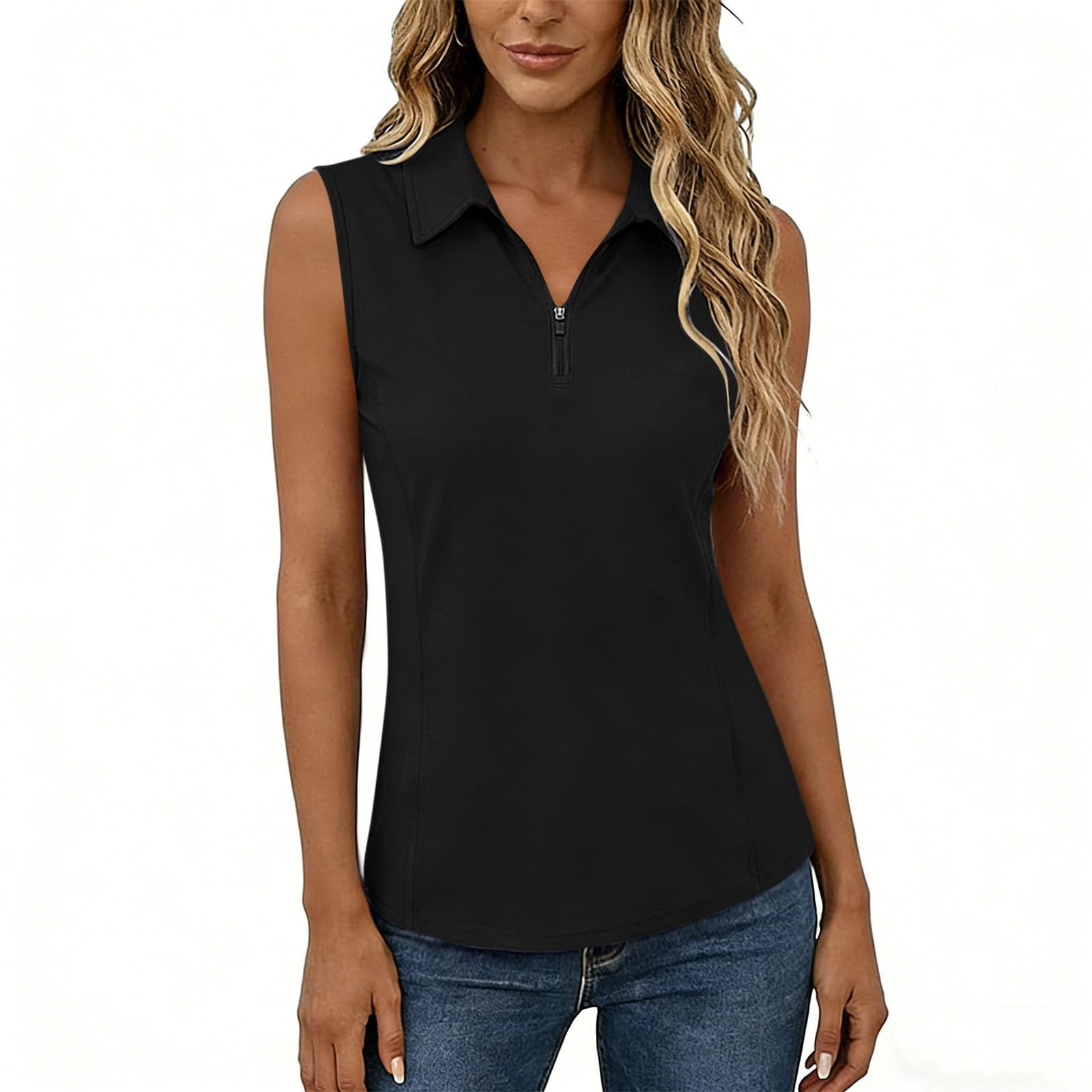 Women s Fashionable Casual Plain-Coloured V-neck Half-Zip Sleeveless T-Shirt S чёрный