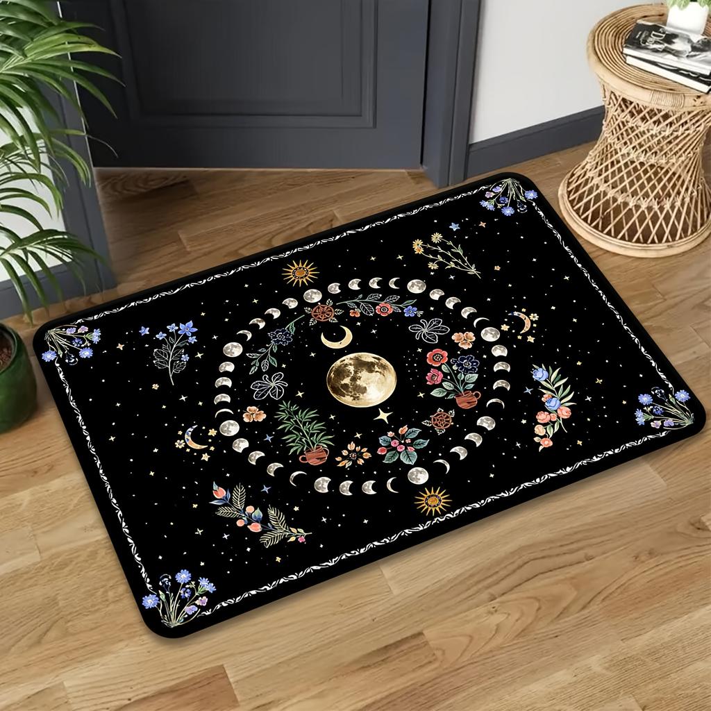 1pc Celestial Floral Doormat Deep Indigo Black Gold Print Polyester Hand Wash Only 80x50cm Decorative Use