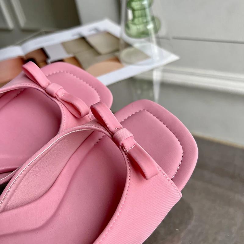 Aneikeh Slipper Mules Low High Heels Shoes 2025 Summer Best Street Look Females Square Head Open Toe Bow Strappy Sandals Women
