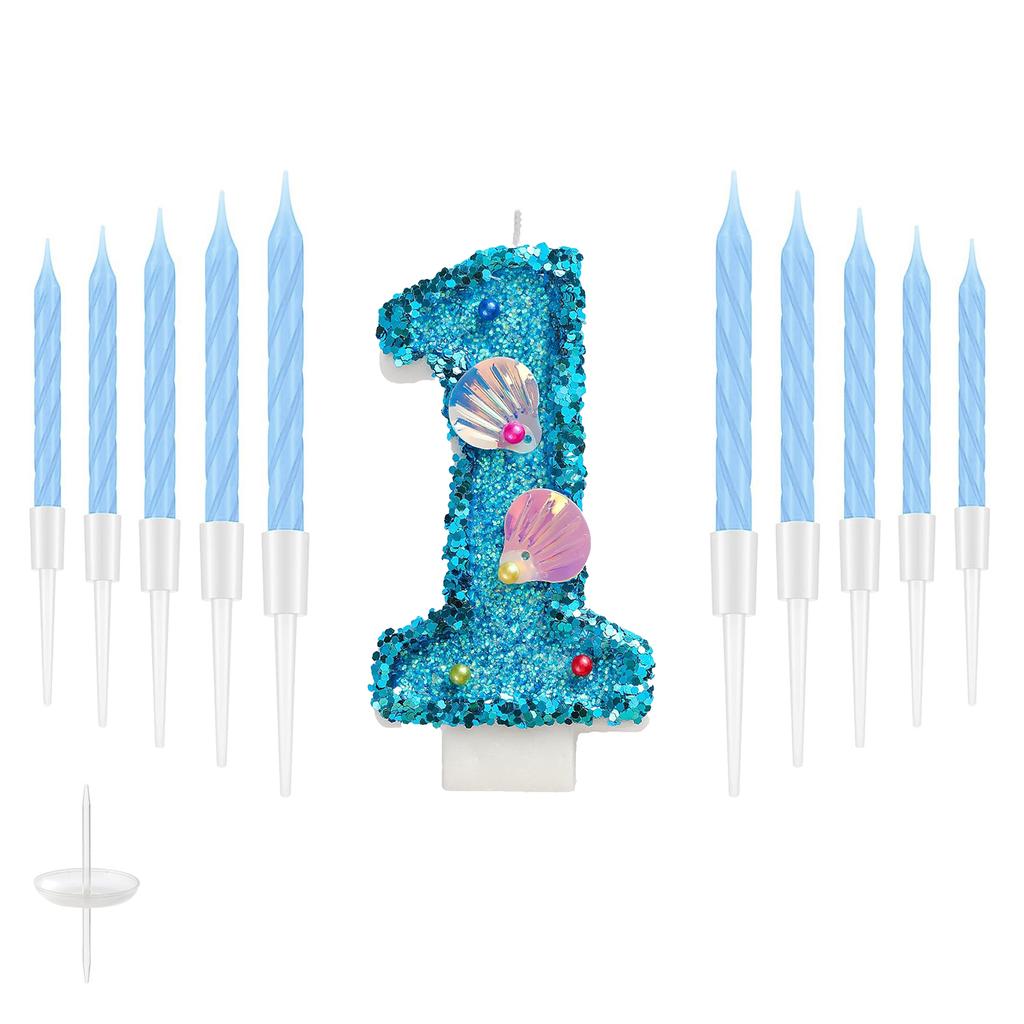 11pcs Blue Number Candle,Shell Sequins Number Candles for Birthday Cakes Mermaid Themed Party Supplies Number 0-9 Candle
